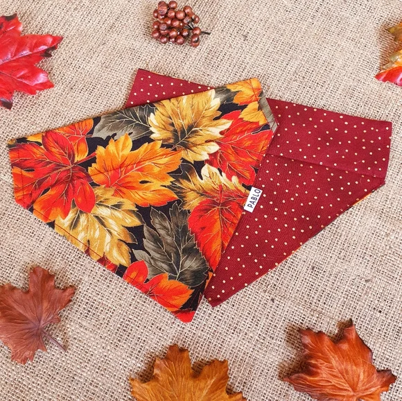 🐶 5 for $15 * Pablo Fall Autumn Leaves/Red Gold Dots Cotton Dog Bandana - Picture 4 of 9